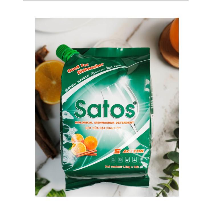 Combo bột rửa bát sinh học Satos 1,5kg + 1 muối Satos 1.5kg + 1 bóng Alio 1lit