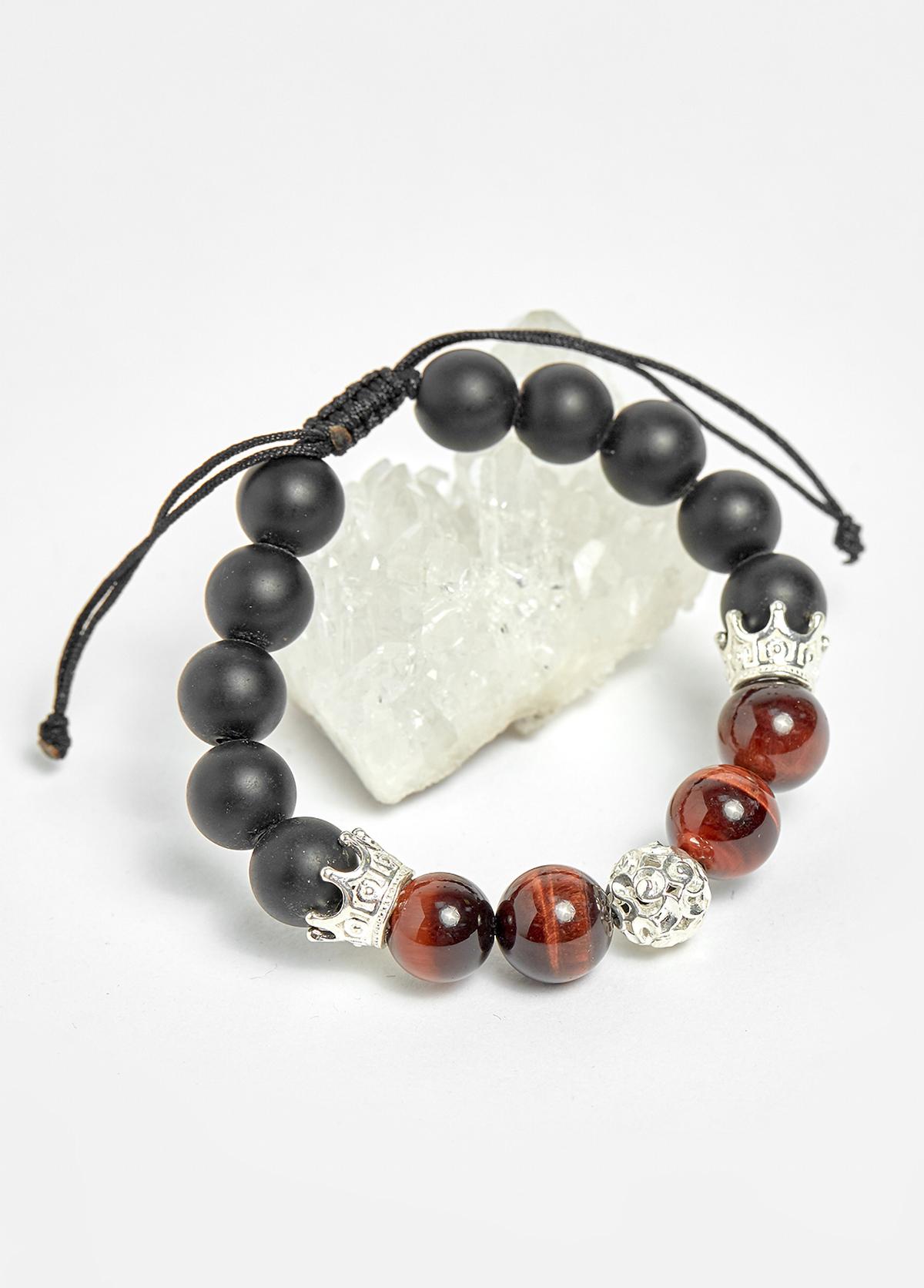 Vòng đá obsidian phối thạch anh mắt hổ nâu đỏ và charm vương miệng bạc hạt 10mm - Ngọc Quý Gemstones