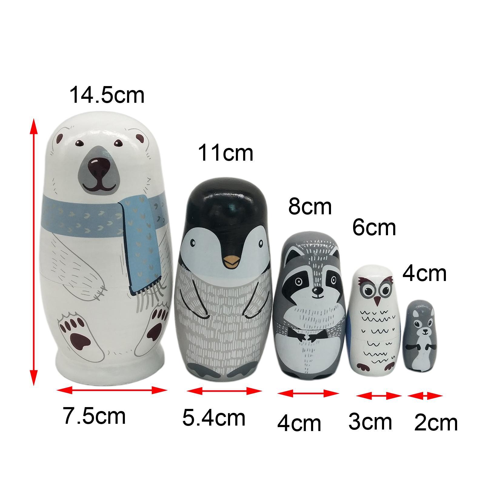 5 PIECES CARTOON ANIMAL MINIATURE WOODEN MATRYOSHKA RUSSIAN NESTING DOLLS