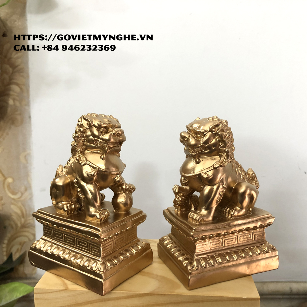 Tượng đá trang trí phong thủy Cặp 2 tượng Kỳ Lân trang trí phong thủy - Chiều Cao 12cm - Màu nhũ đồng