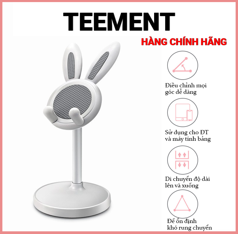 Gía Đở Điện Thoại, Máy Tính Bảng Hình Thỏ Dễ Thương , Có Thể Điều Chỉnh Nâng Và Thu Nhỏ , Có Đáy Silicone Chống Trượt Cao Cấp - Hàng Chính Hãng Teement