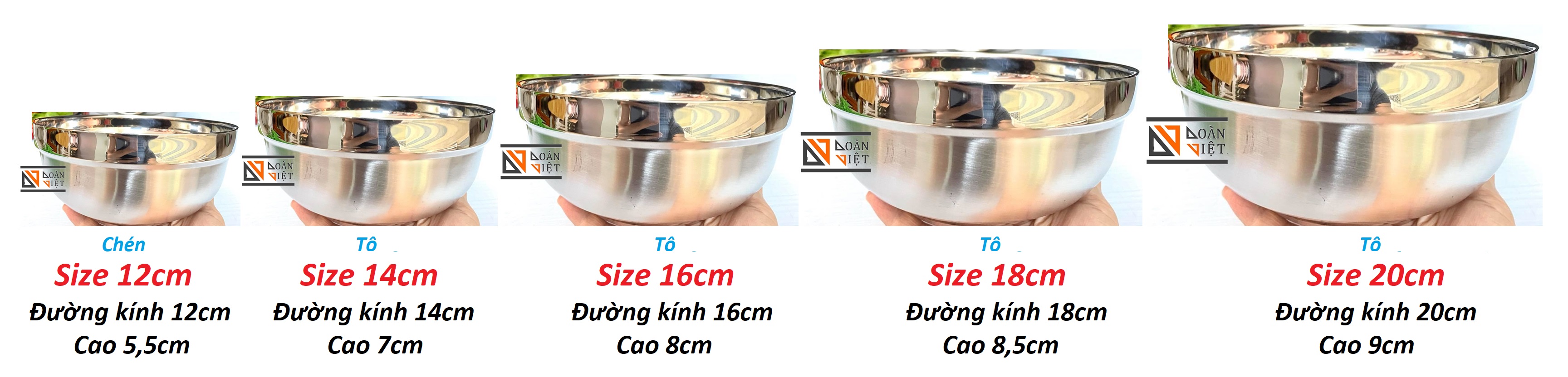 TÔ CHÉN INOX 2 Lớp CÁCH NHIỆT CAO CẤP - Combo 2 TÔ ( 2 Chén) - Sản phẩm gồm nhiều Size với đường kính Size 12, 14,16,18, 20cm