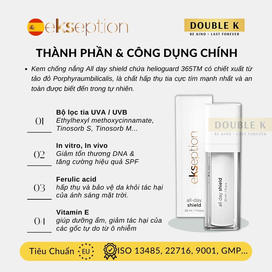 Kem Chống Nắng Phổ Rộng ekseption All Day Shield SPF50+ - Bảo Vệ Da, Ngừa Lão Hóa Sớm, Không Bết Dính - Double K