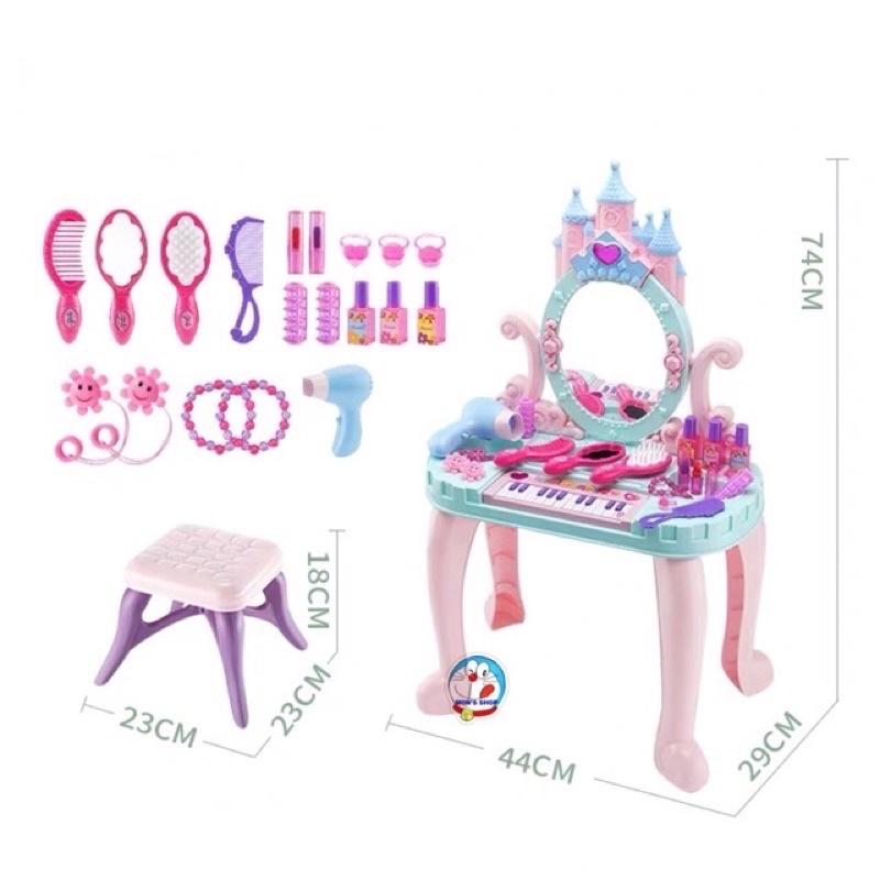 Đồ chơi bàn trang điểm kèm đàn piano cho bé gái hình lâu đài công chúa màu hồng xanh 636