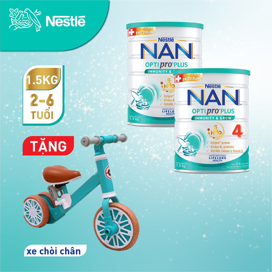 Combo 2 lon Sản Phẩm Dinh Dưỡng Nestlé NAN OPTIPRO PLUS 4 1500g/lon với 5HMO Hỗ trợ Đề Kháng - Tiêu Hóa - Trí Não &amp; Chiều Cao - Tặng Xe Chòi Chân cho bé