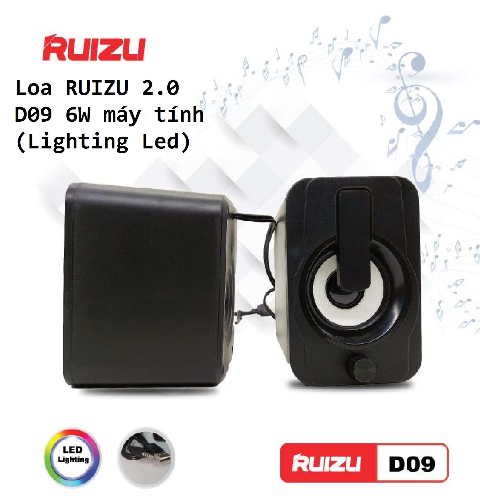 Loa RUIZU 2.0 D09 6W máy tính (Lighting Led) VT - Hàng chính hãng