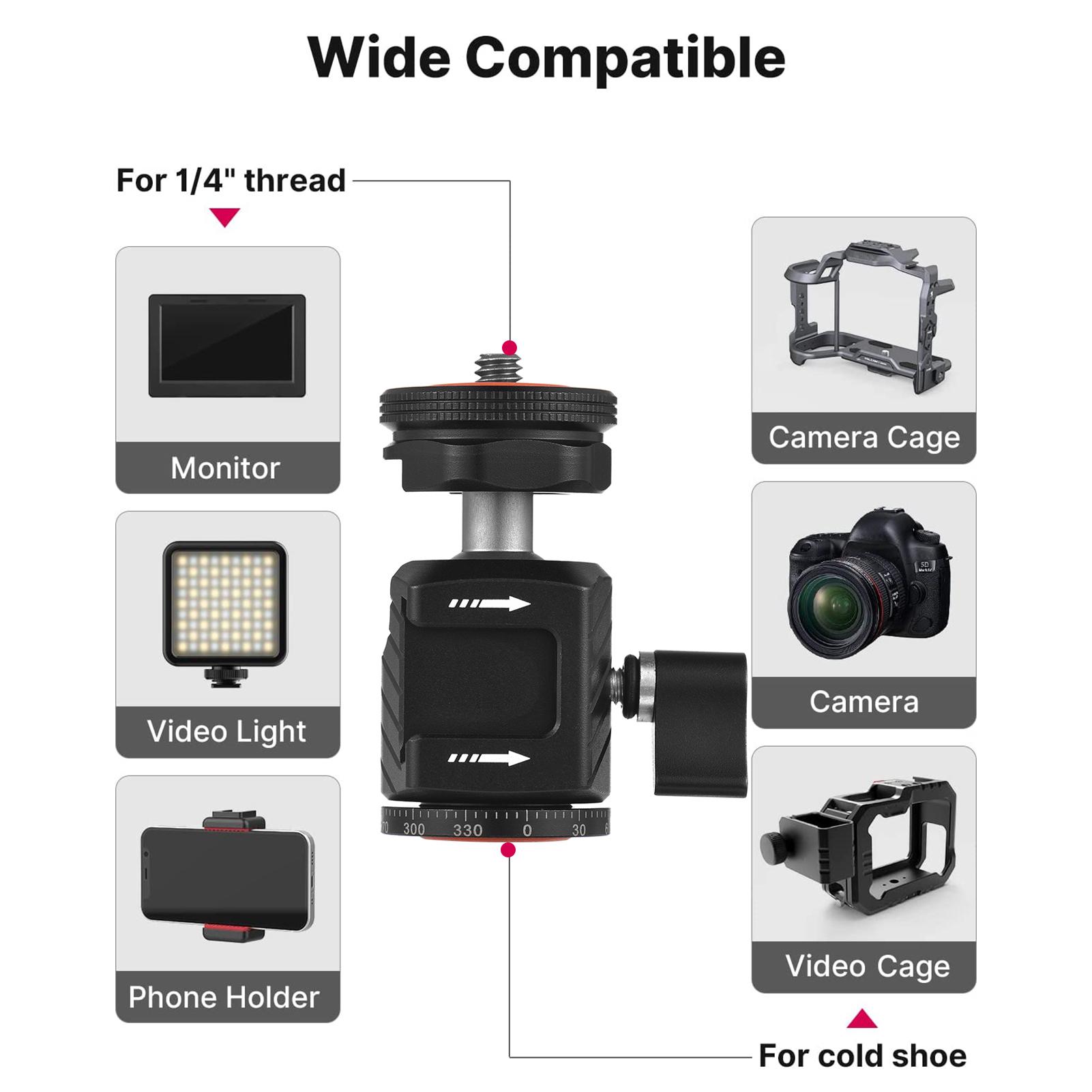 Multi-functional Mini Ball Head 360°Rotatable Aluminum Alloy Ballhead Adapter Tripod Head 1/4 Inch Screw and Cold Shoe Connection with Dual Side Cold Shoe Mounts for DSLR Camera LED Video Light Microphone