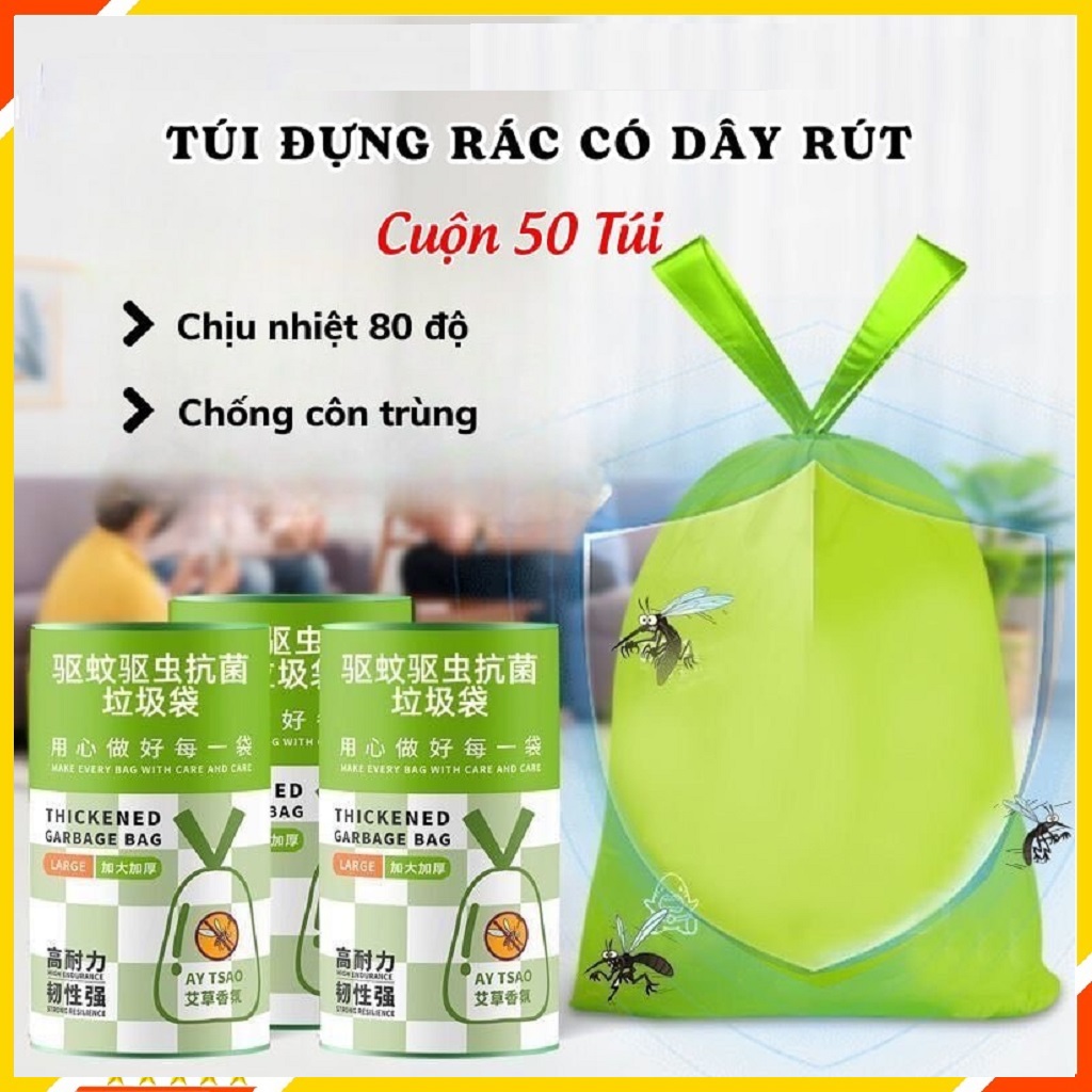 Túi Rác Có Dây Rút, Túi Đựng Rác Ngải Cứu Kháng Khuẩn, Túi Đựng Rác Xanh Lá, COMBO 3 Cuộn 150 Túi