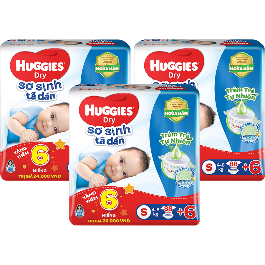 Combo 3 Gói Tã Dán Sơ Sinh Huggies S88 (4kg-8kg) - Gói 88 Miếng - Tặng 6 miếng