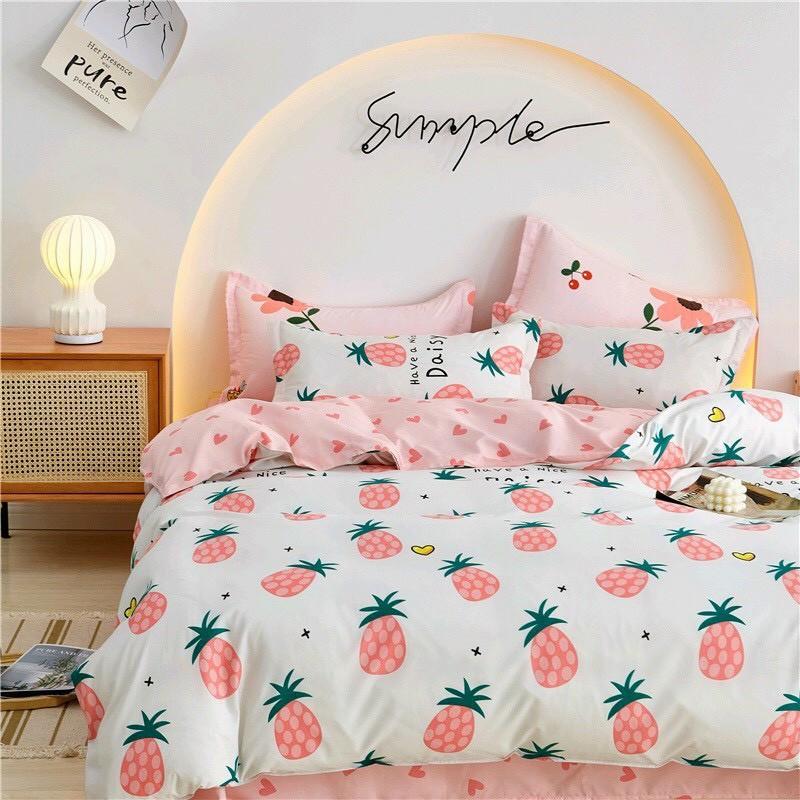 Bộ chăn ga gối Cotton poly M2T bedding, vỏ chăn mền, drap ga giường và 2 vỏ gối - PL quả dứa hồng