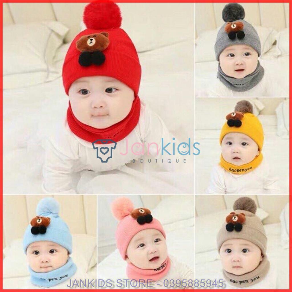 Set mũ kèm khăn len hình gấu đáng yêu cho bé