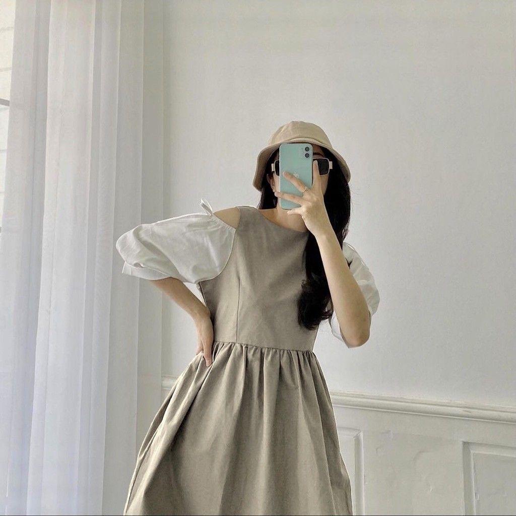 Đầm Tiểu Thư Khoét Vai Váy Babydoll Nữ Tay Phối Màu Dáng Lỡ Q026
