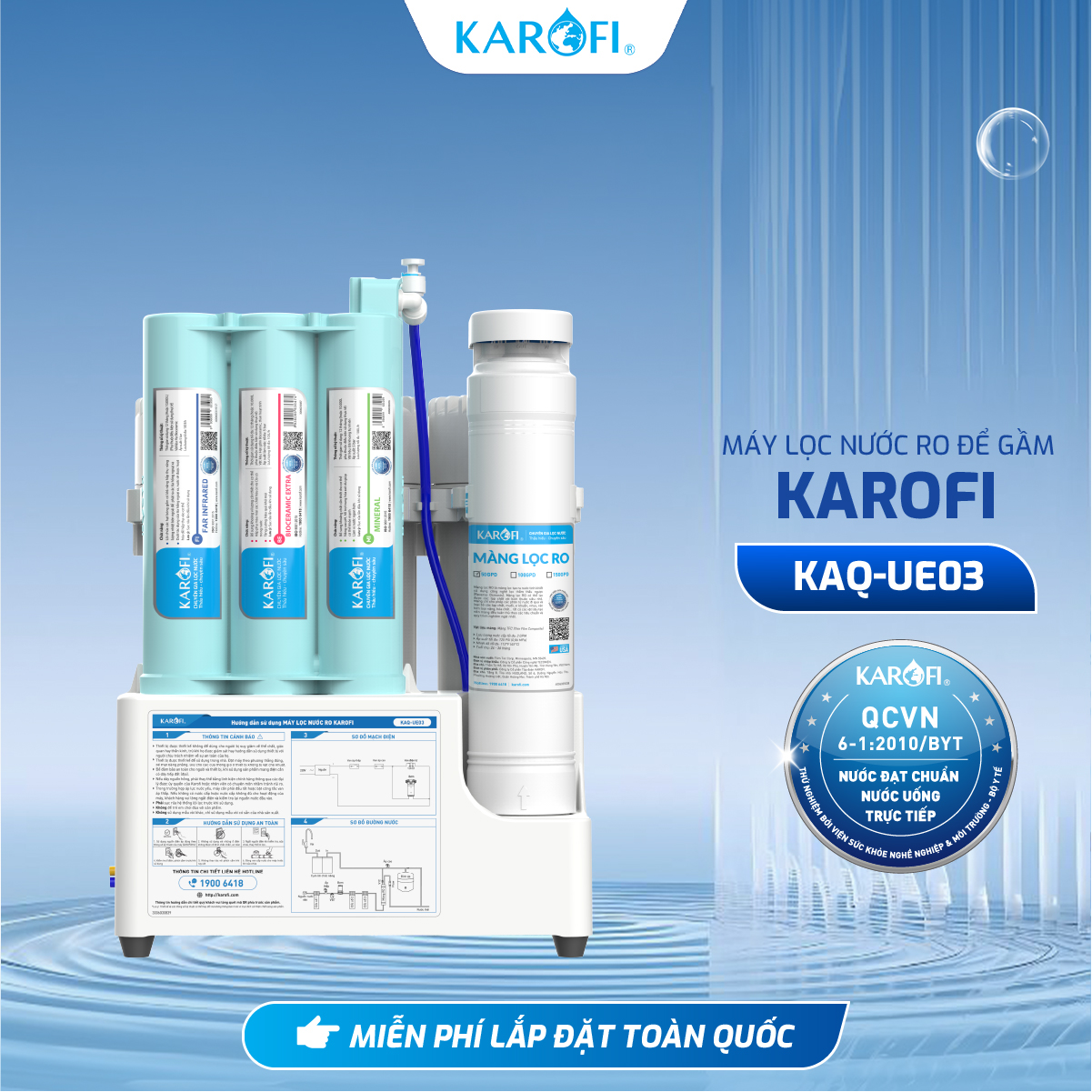 [ĐỘC QUYỀN ONLINE - TẶNG BỘ LÕI] Máy lọc nước RO để gầm Karofi KAQ-UE03 - hệ 10 lõi, Màng RO 50 GPD, Bảo hành 36 Tháng - Hàng Chính Hãng