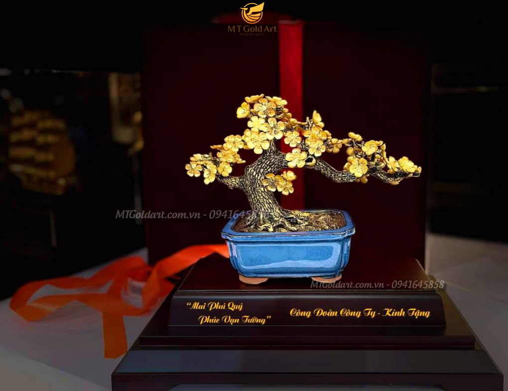 Chậu Hoa Mai Ngũ Phúc Dát Vàng 24K (22X9X18 cm) MT Gold Art- Hàng chính hãng, trang trí nhà cửa, phòng làm việc, quà tặng sếp, đối tác, khách hàng, tân gia, khai trương