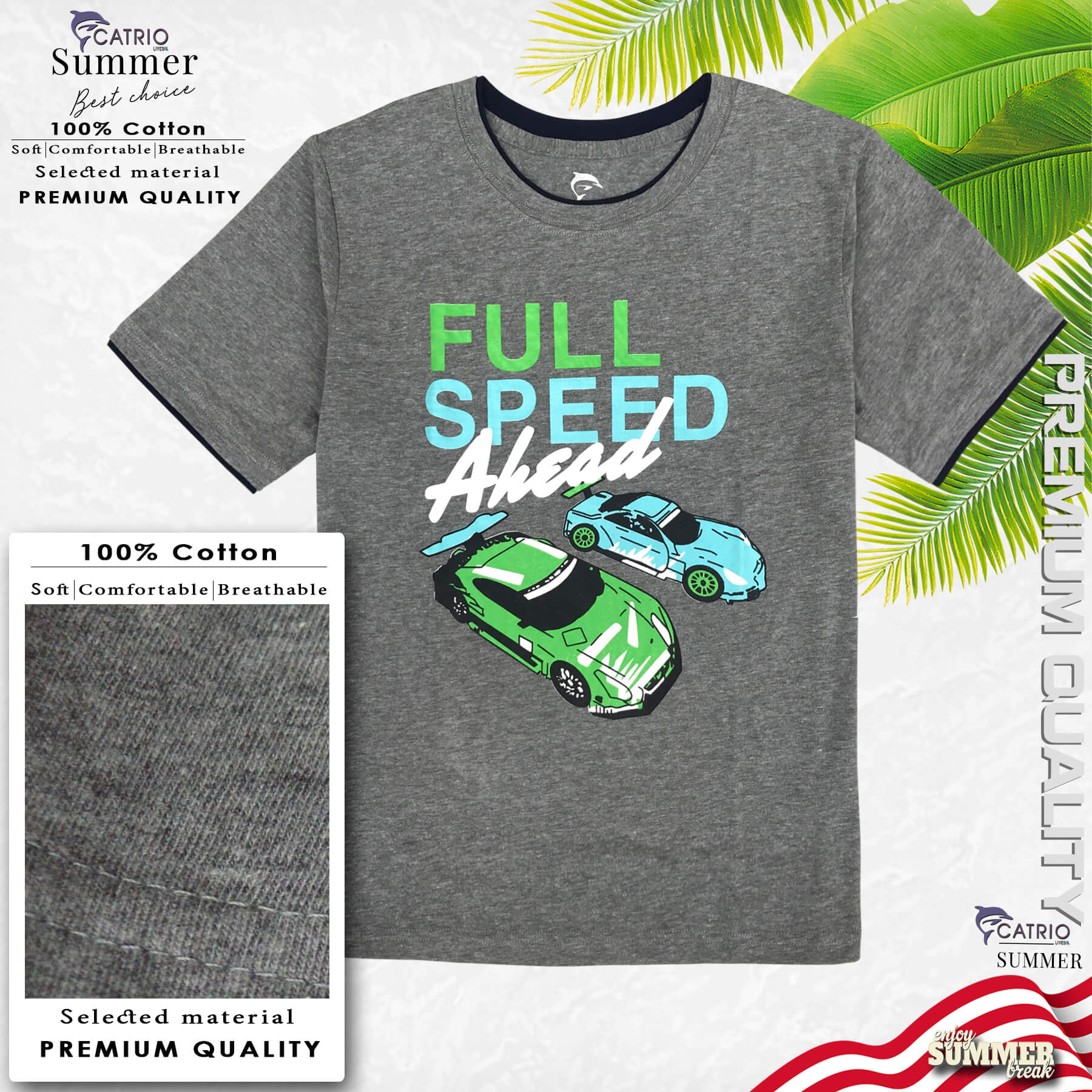 ÁO PHÔNG BÉ TRAI NGẮN TAY CATRIO là áo thun trẻ em tay ngắn từ 5 tuổi đến 12 tuổi vải 100% Cotton in FULL SPEED thuộc BST quần áo trẻ em mùa hè CATRIO màu XÁM