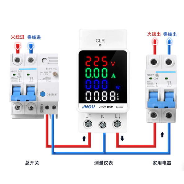 Đồng hồ, công tơ điện tử 6 thông số 100A/220V (A,HZ,Cos phi,V,W) có nút reset gắn thanh ray, Tủ Điện