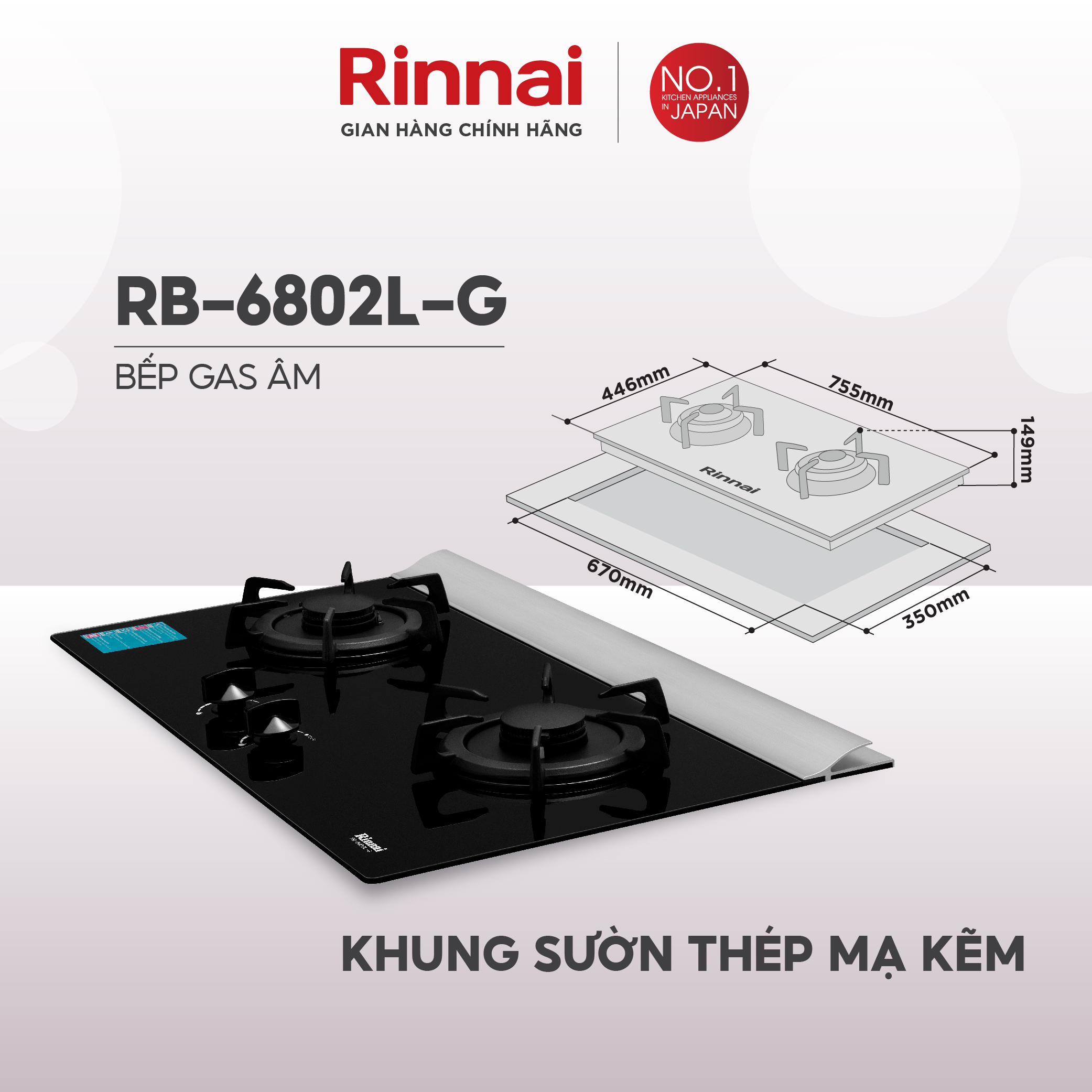 Bếp gas âm Rinnai RB-6802L-G mặt bếp kính và kiềng bếp gang - Hàng chính hãng.