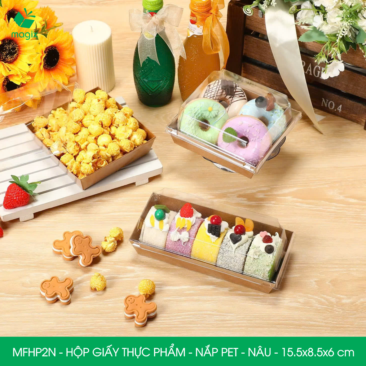 MFHP2N - 15.5x8.5x6 cm - 100 hộp giấy kraft thực phẩm màu nâu nắp Pet, hộp giấy chữ nhật đựng thức ăn, hộp bánh nắp trong