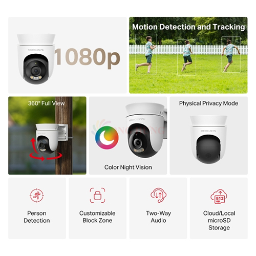 Camera ngoài trời Mercusys Outdoor Pan/Tilt Home Security Wifi 1080p Full HD MC500 - Hàng chính hãng