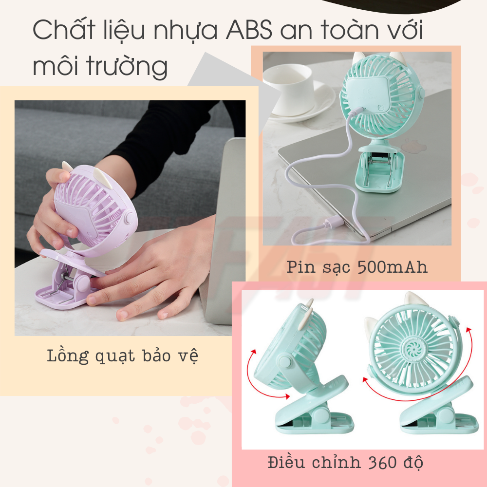 Quạt mini tích điện cầm tay hình mèo CTFAST, quạt để bàn dạng kẹp 2 trong 1 nhỏ gọn tiện dụng, điều chỉnh hướng gió 360 độ, pin sạc 1200mAh - Hàng chính hãng