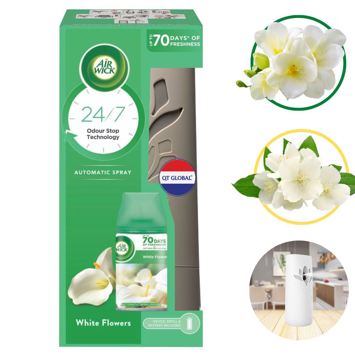 Bộ xịt thơm phòng tự động Air.Wick White Flowers 250ml QT000731 - hoa nhài, lan trắng