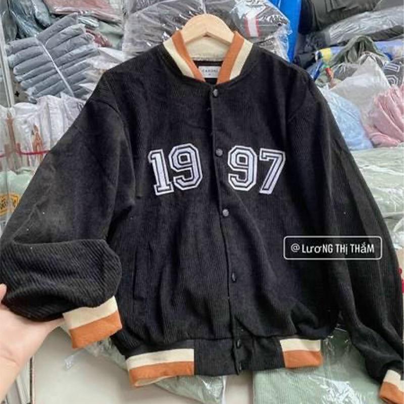 Áo Khoác Nhung THIFU FASHION Nhung Gân Mềm Mịn Tay Phồng Thêu 1997 Sắc Nét