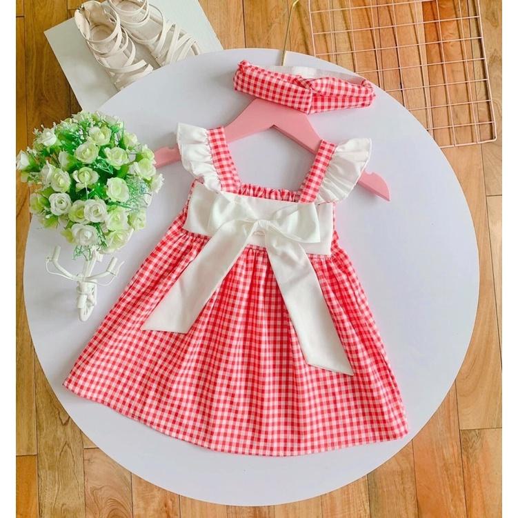 Váy Bé Gái LINA KIDS- Đầm Công Chúa, váy trẻ em, hàng thiết kế - váy caro đỏ nơ trắng Size 6-18kg