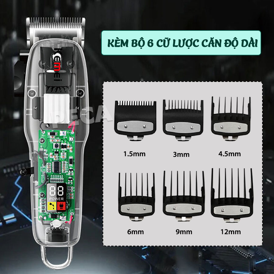 Tông đơ cắt tóc chuyên nghiệp Kemei KM-NG108 màn hình LCD hiển thị phiên bản thấy mạch công suất mạnh dùng sạc USB pin trâu sạc nhanh, kèm 6 cữ lược căn độ dài và phụ kiện đầy đủ - Hàng chính hãng