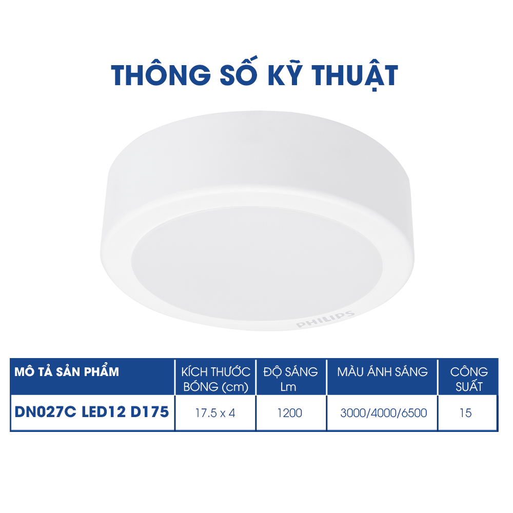 Bộ Đèn Philips LED Ốp Trần tròn lắp nổi DN027C- Công suất