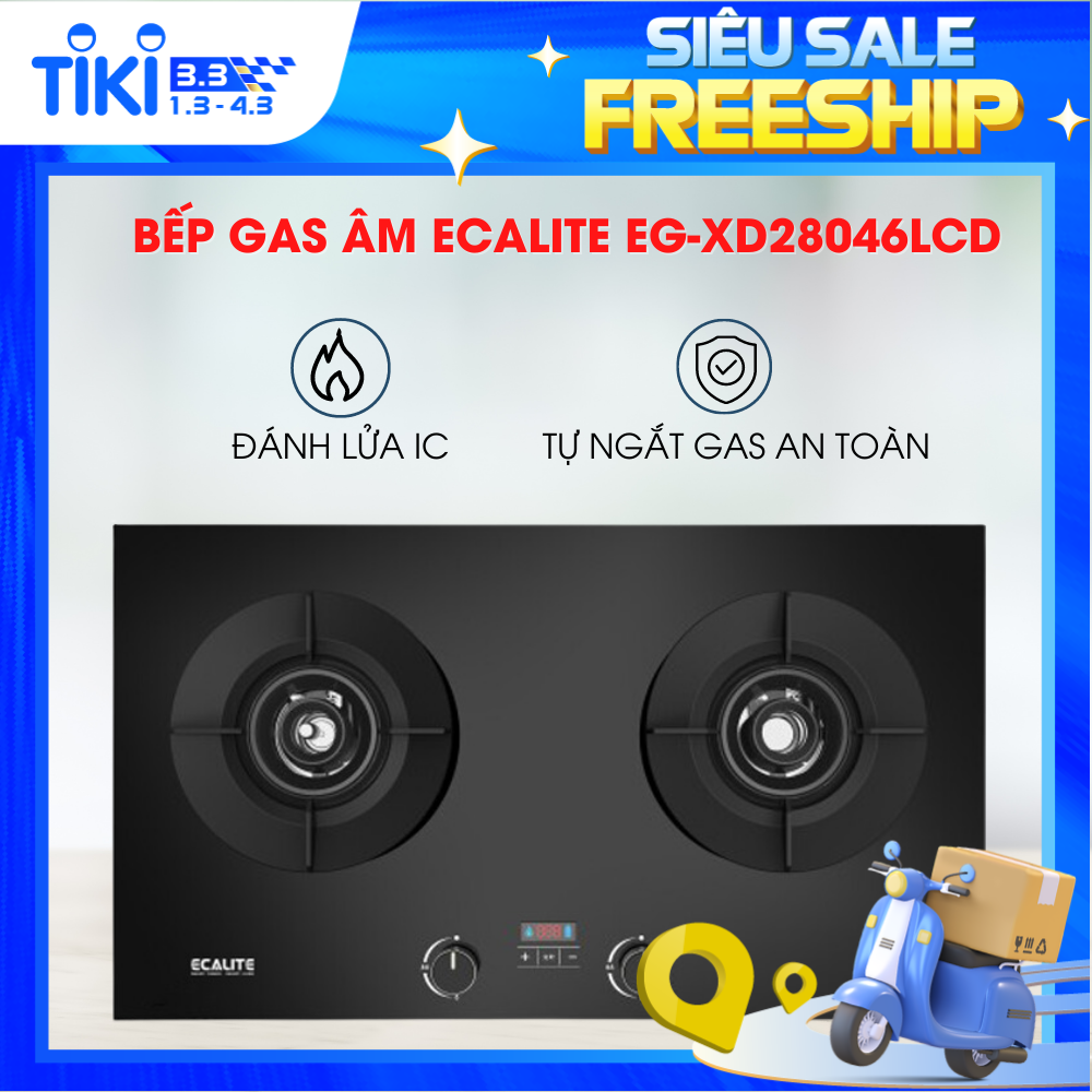 Bếp gas âm 2 vùng nấu Ecalite EG-XD28046LCD - Có Hẹn Giờ - Đánh lửa bằng IC - Hàng chính hãng