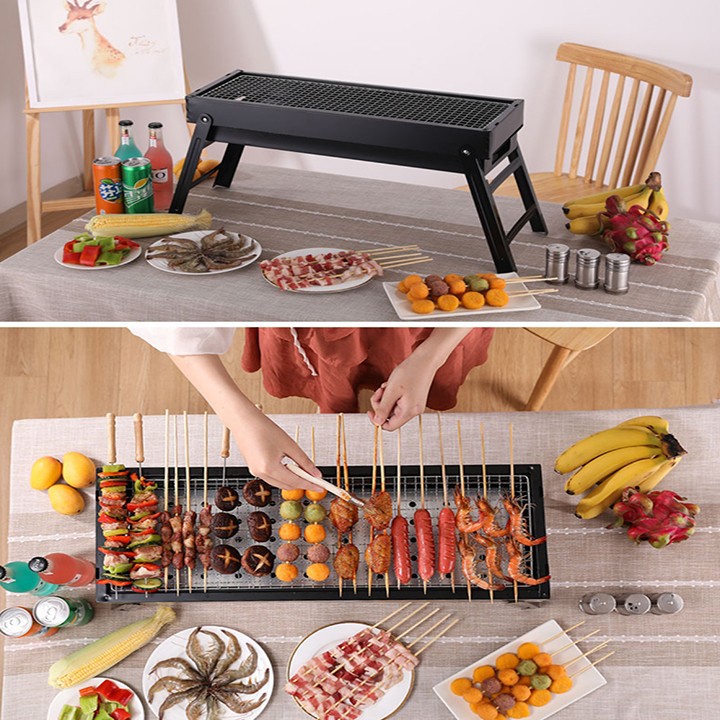 Bếp nướng than hoa ngoài trời 2 tầng dài, bếp nướng bbq gấp gọn tiện lợi mang du lịch dã ngoại lưới nướng inox | TP013