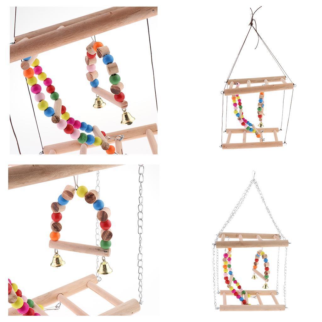 Bird Wooden Ladder Parrot Swing Cage Activity Toys with Bell