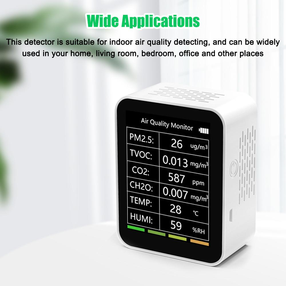 Tuya WiFi Portable Home Office Indoor Desktop Air Quality Detector 6 In 1 Multifunctional Detector PM2.5 TVOC CO2 CH2O Temperature Humidity Detecting Intelligent Linkage Mobilephone APP Remotes Viewing