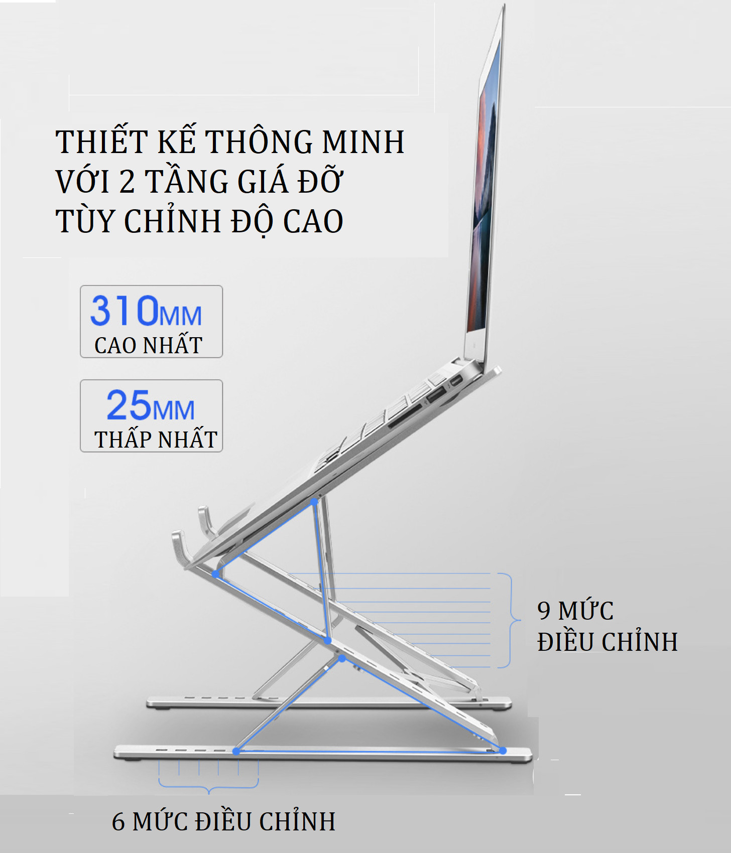 Giá đỡ nâng laptop stand nhôm 2 tầng 15 nấc chỉnh độ cao và có thể gấp gọn N8-A Vu Studio - Hàng chính hãng