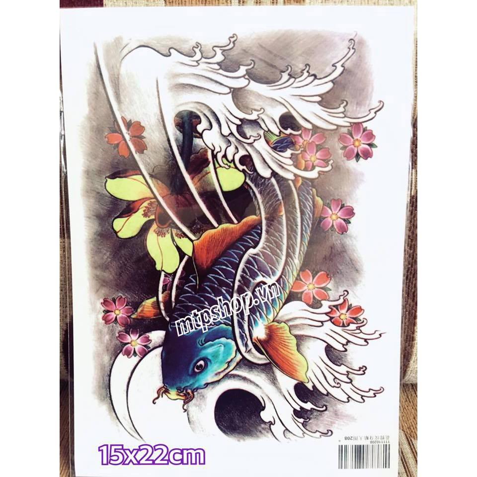 Combo 3 tấm hình xăm dán tattoo cao cấp 15X21cm CÁ CHÉP XANH TUYỆT ĐẸP XDL375