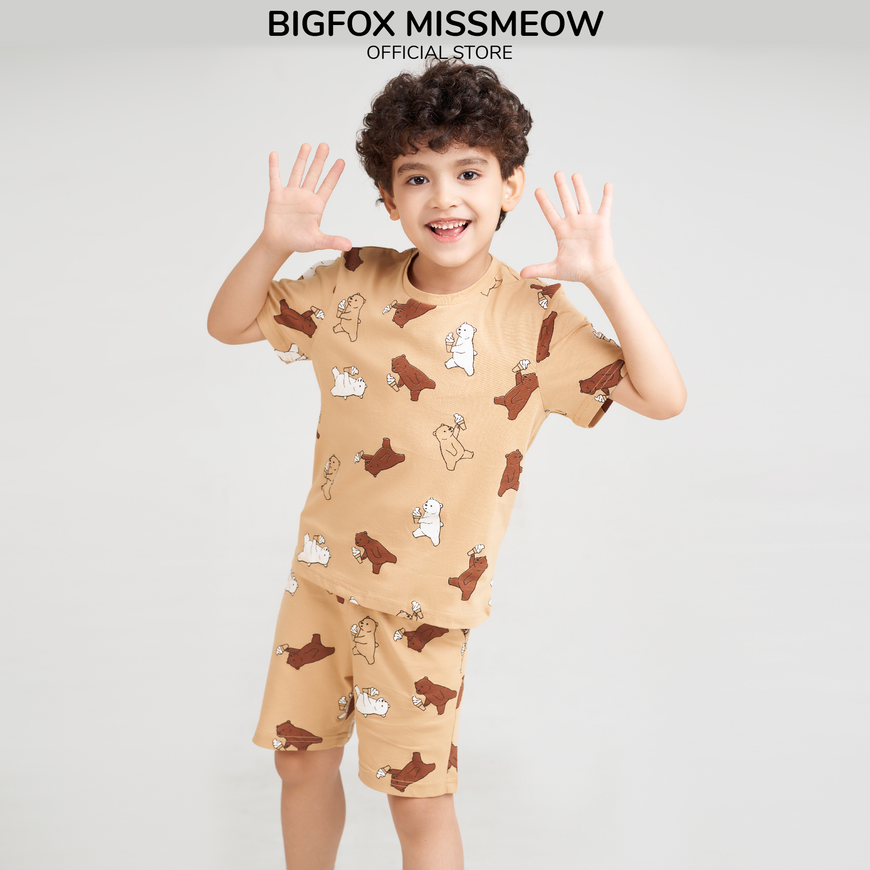 Bộ hè cho bé Bigfox Miss Meow kiểu Hàn, in gấu đáng yêu size đại, chất cotton đẹp, cỡ 3,9,10,11 tuổi 20kg 40kg 1915