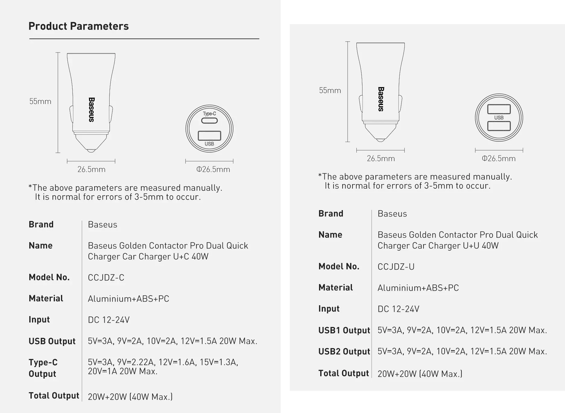 Tẩu sạc ô tô 40W 2 cổng C+U / U+U Baseus Golden Contactor Pro CCJDZ-CX (CCJD-0G)_Hàng chính hãng