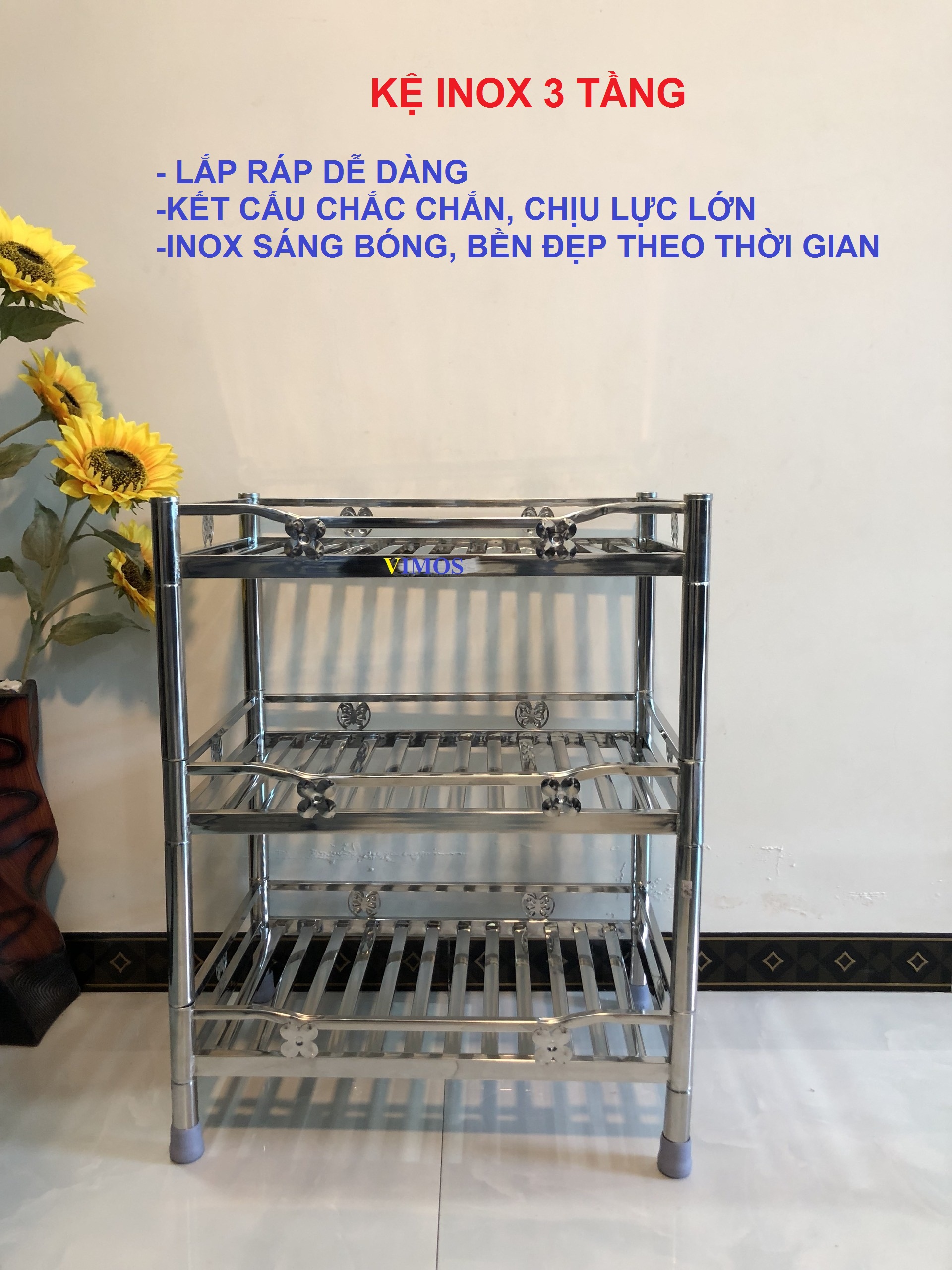 KỆ INOX NHÀ BẾP, KỆ INOX ĐỂ XOONG NỒI, CHÉN BÁT 3 TẦNG  VIMOS