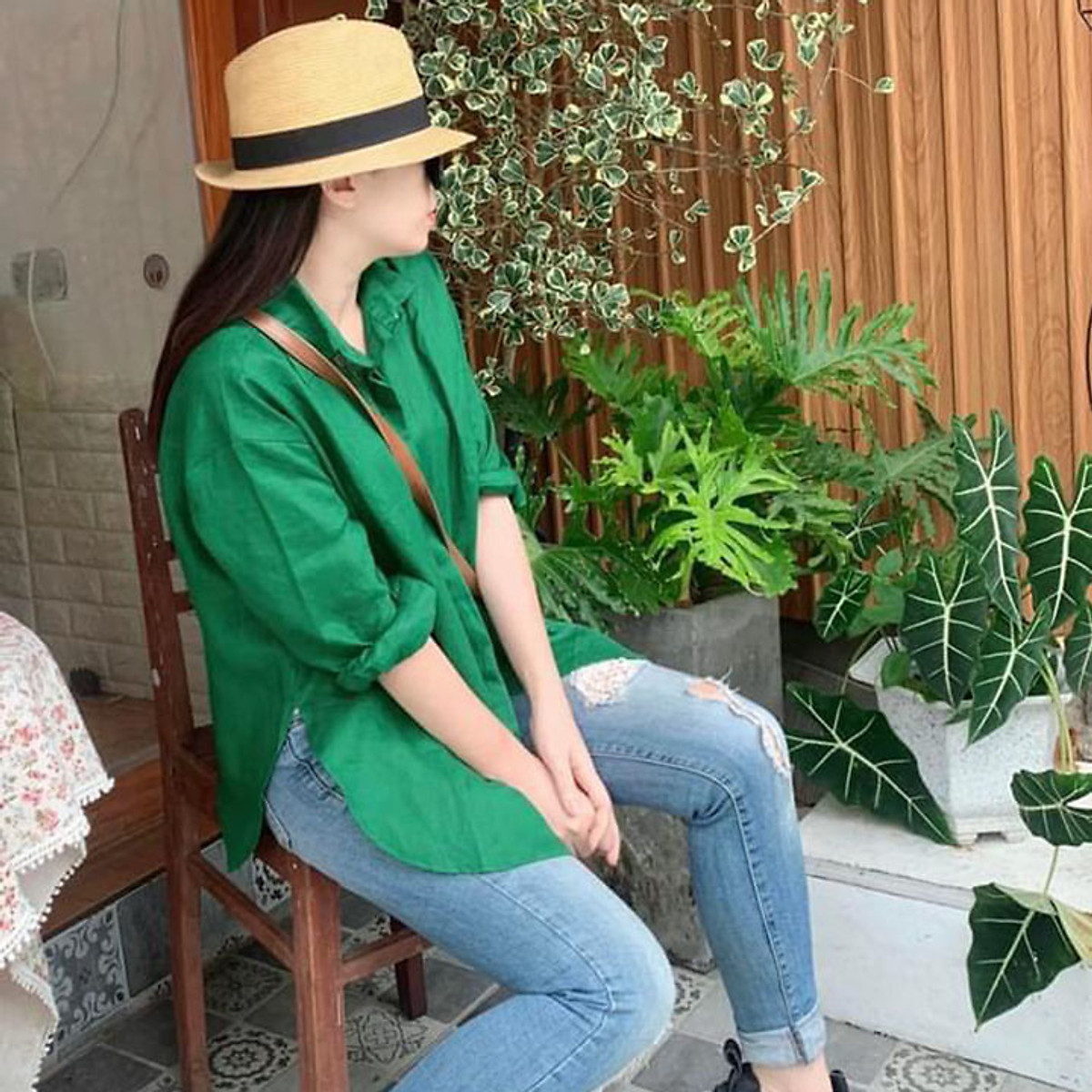 Áo sơ mi nữ Linen bột Premium rớt vai form rộng trẻ trung - Xanh lá thẫm