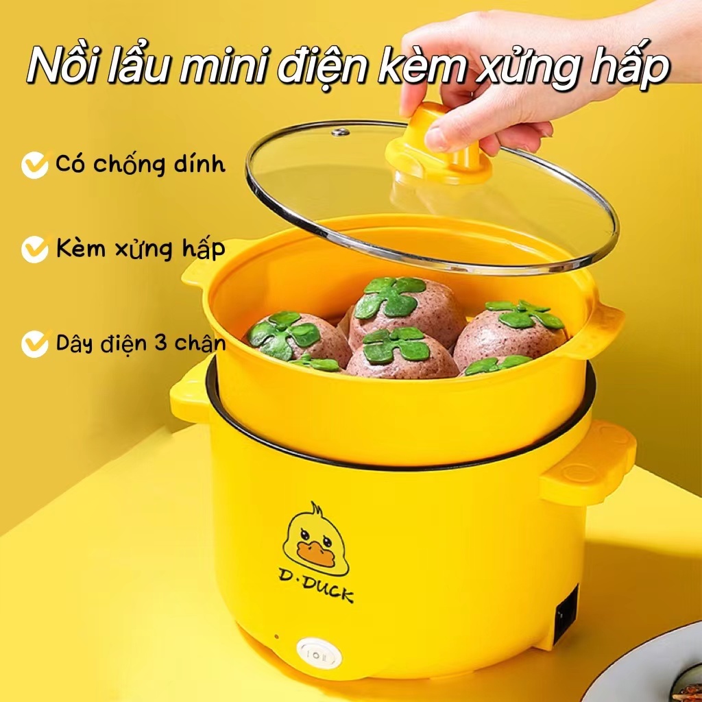 Nồi Lẩu Điện Mini Đa Năng Có Khay Hấp Chính hãng/Hàng nhập khẩu Electric Cooking Pot Model Vịt Vàng Duck Cute - Nồi cơm điện, nồi nấu siêu tốc