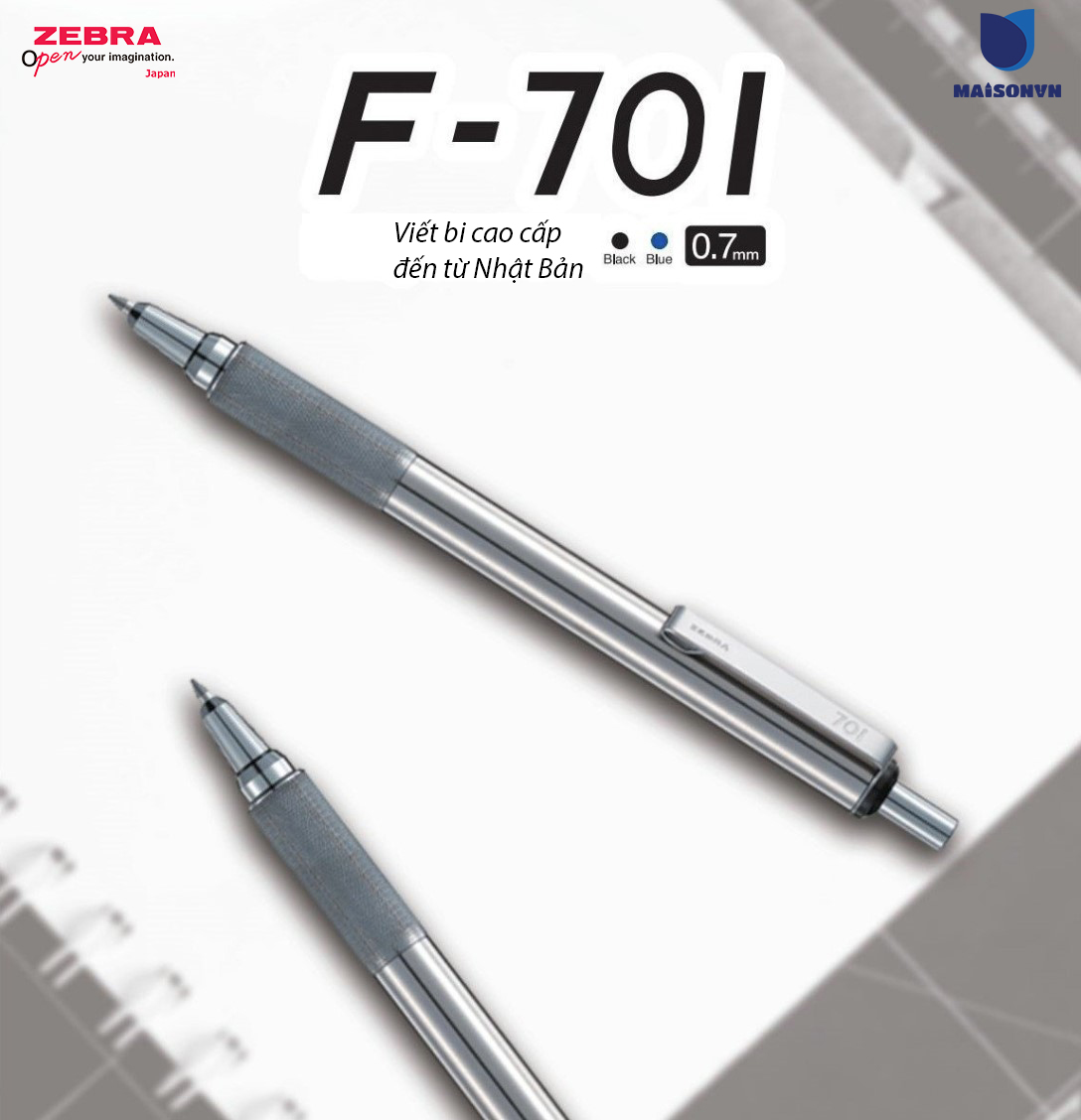 Bút bi bấm kim loại Zebra F701 mực xanh - Chất liệu thép không gỉ - [Chính hãng