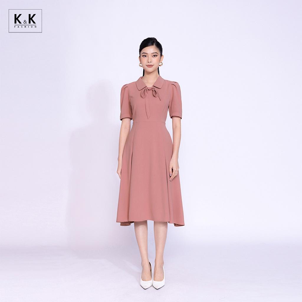 Đầm Xòe Công Sở Màu Hồng Cổ Sen K&amp;K Fashion KK140-02 Chất Liệu Tuyết Sa Cát