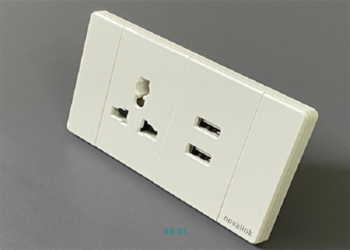 Bộ Mặt 1 ổ cắm 3 chấu đa năng 2 USB sạc Type A khung nhôm cao cấp, hình chữ nhật màu trắng điện áp 220V-250V, ổ cắm dùng trong nhà, ổ cắm kèm cổng sạc usb
