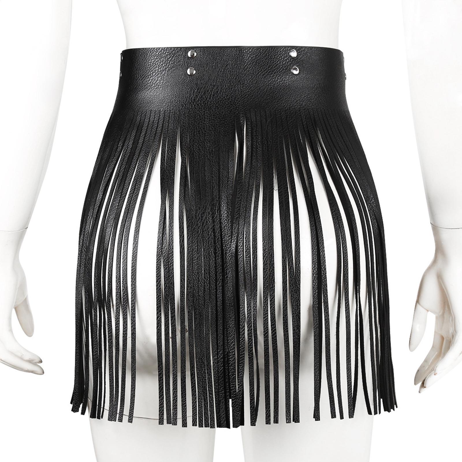 Women Punk Gothic Faux Leather Fringe Tassel Skirt Belt Clubwear Dance Dress