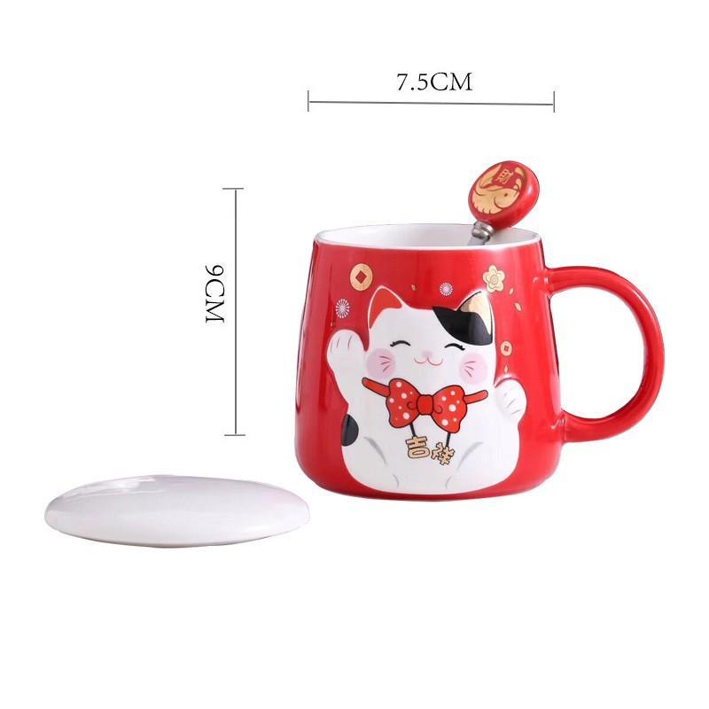 Cốc Sứ Uống Nước Mèo Thần Tài Chiêu May Mắn - Ly Uống Cafe Có Nắp , Văn Phòng, Quà Tặng Tân Gia