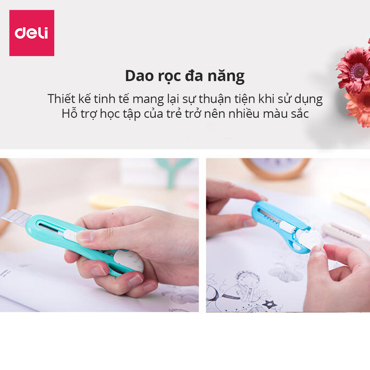 Dao rọc giấy mini 55mm Deli - 4 màu - Xanh lá/ xanh dương/ hồng/ vàng - 2024