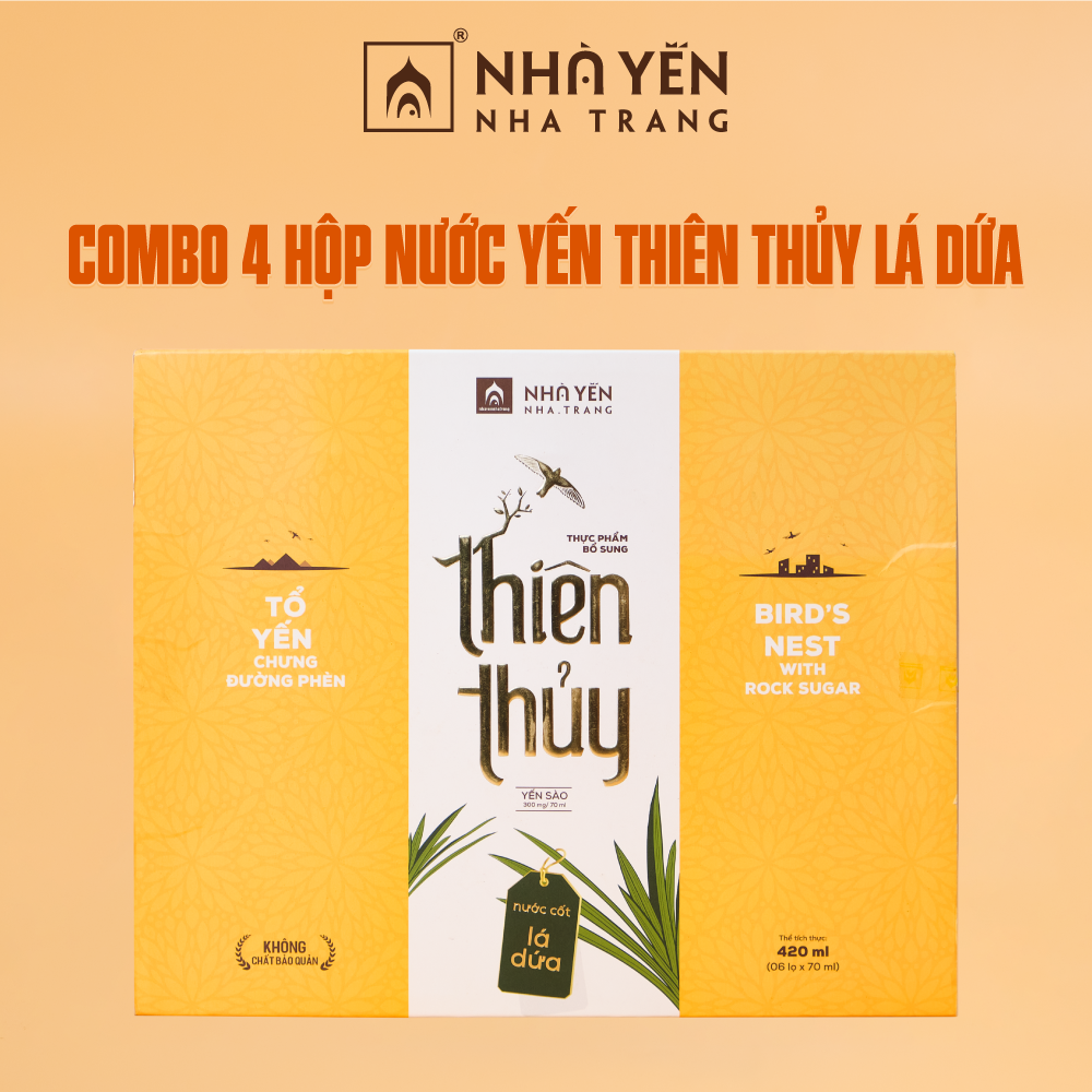 COMBO 4 hộp Tổ yến chưng đường phèn Thiên Thủy - Vị lá dứa - Nhà Yến Nha Trang - Hộp 6 lọ - Tổ yến chưng sẵn - Nước yến chưng sẵn - Yến sào Nha Trang