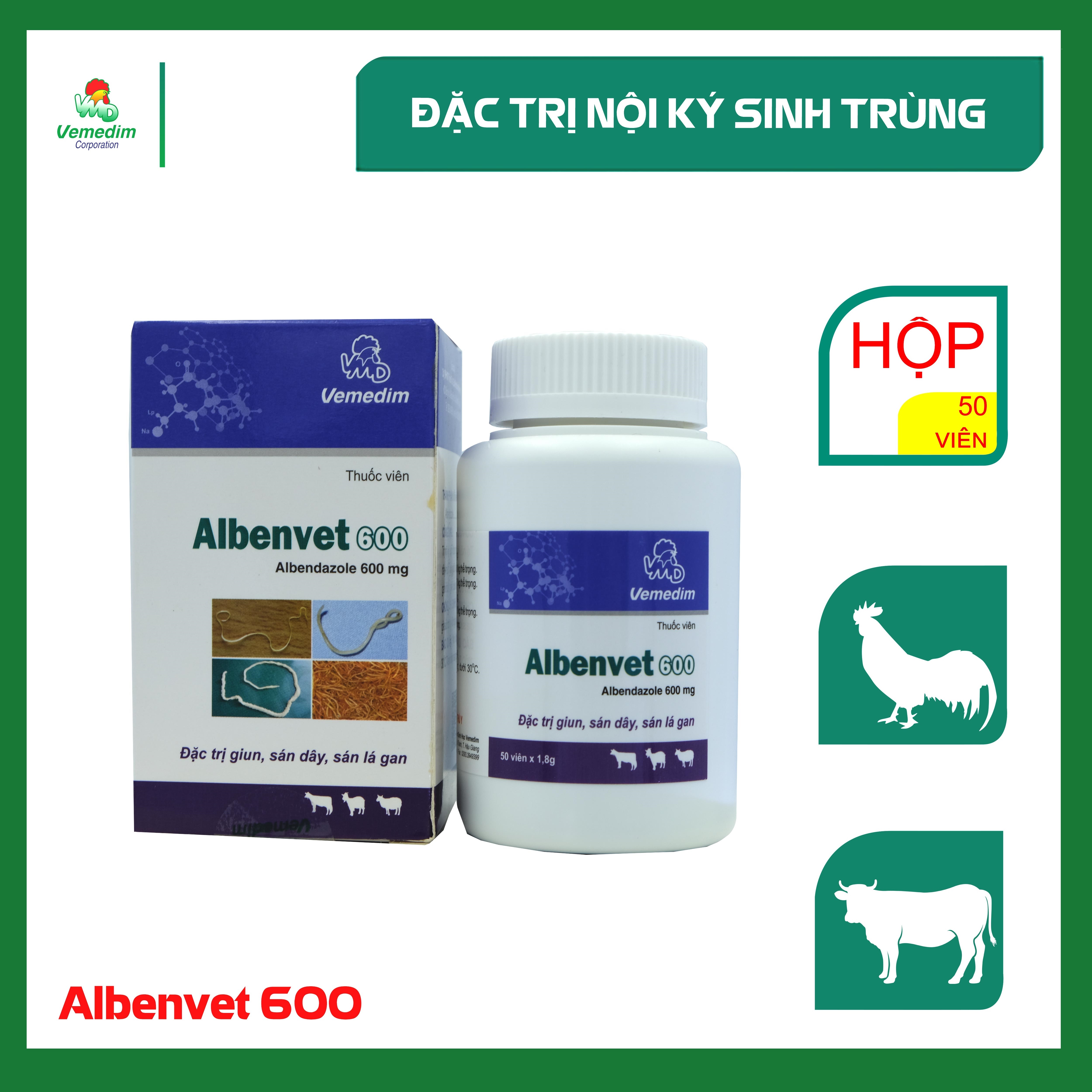 Albenvet 600-Trị nội ký sinh trùng như giun tròn dạ dày-ruột, giun phổi, sán dây và sán lá gan ở bê, nghé, cừu và dê, hộp 50 viên, sản phẩm Vemedim