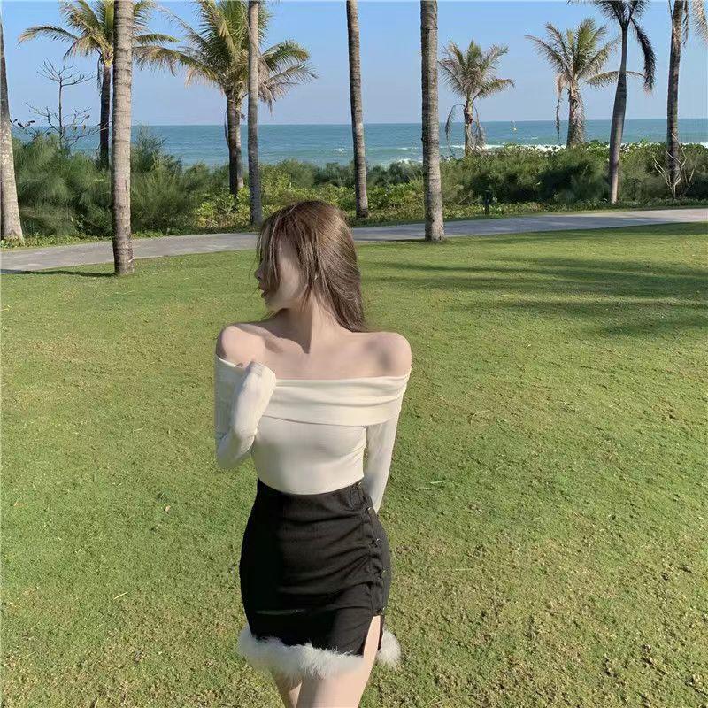 Áo trễ vai tay dài thun gân tôn dáng hot thu đông