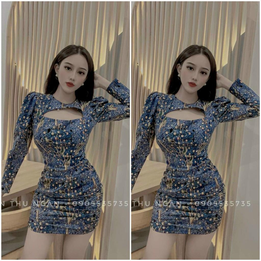 Đầm body tay dài hoạ tiết hở ngực xịn xò